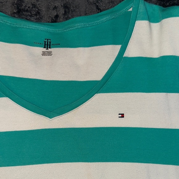 Tommy Hilfiger Women's Teal and White Striped Tee - Picture 2 of 3